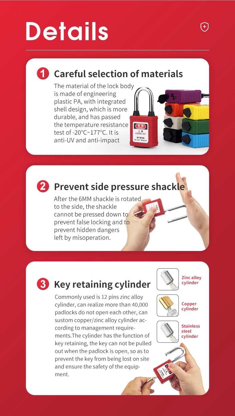 OEM Manufacturer Nylon Dust-Proof Safety Padlock with Hardened Steel Shackle and Key Retaining Function