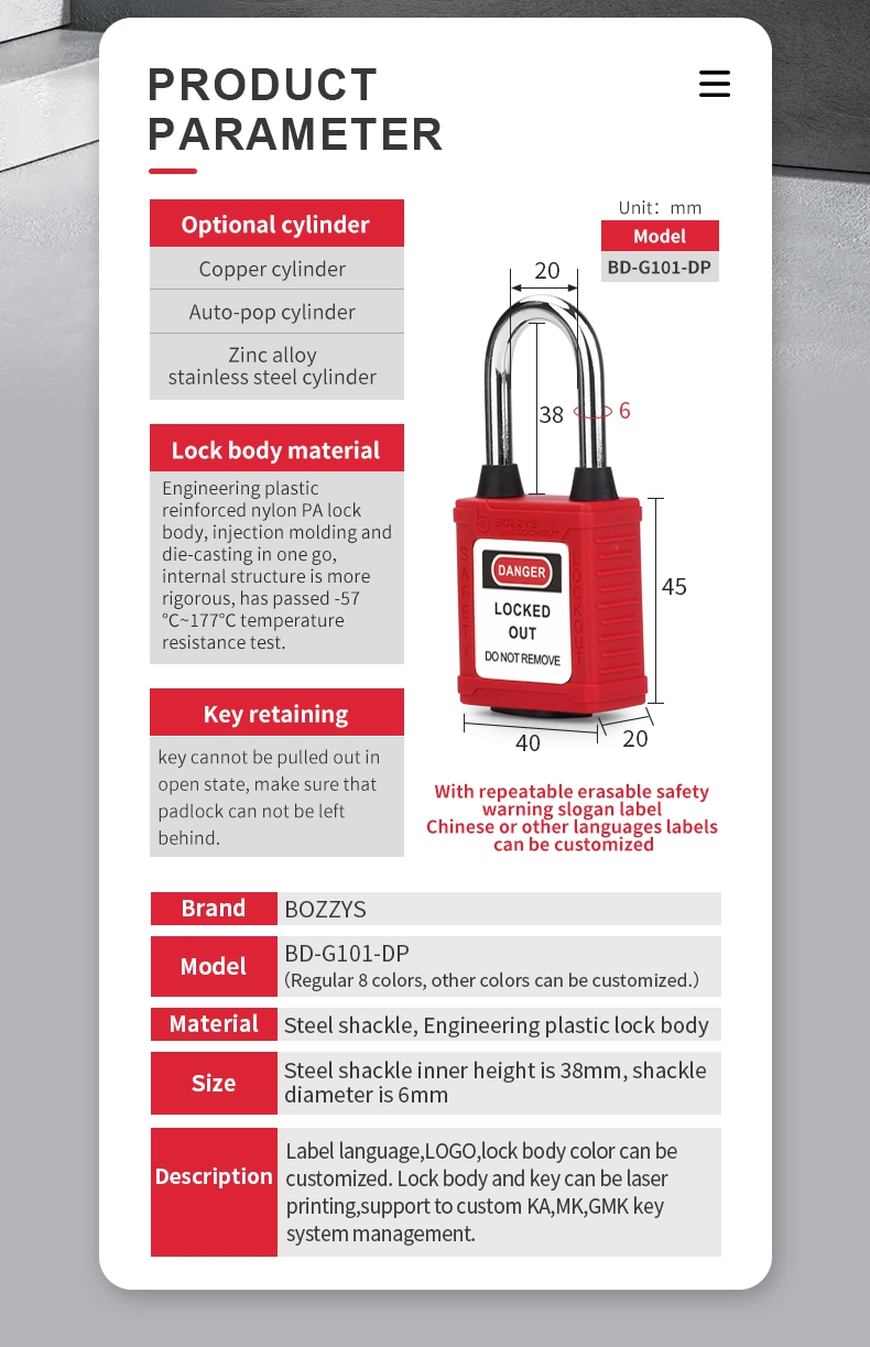 OEM Manufacturer Nylon Dust-Proof Safety Padlock with Hardened Steel Shackle and Key Retaining Function