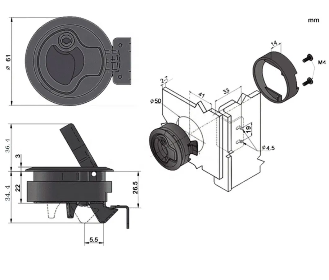 Marine Key Slam Latch Plastic Black Cupboard Parts Heavy Duty Boat Marine Latch Lock Circular Floor Lock