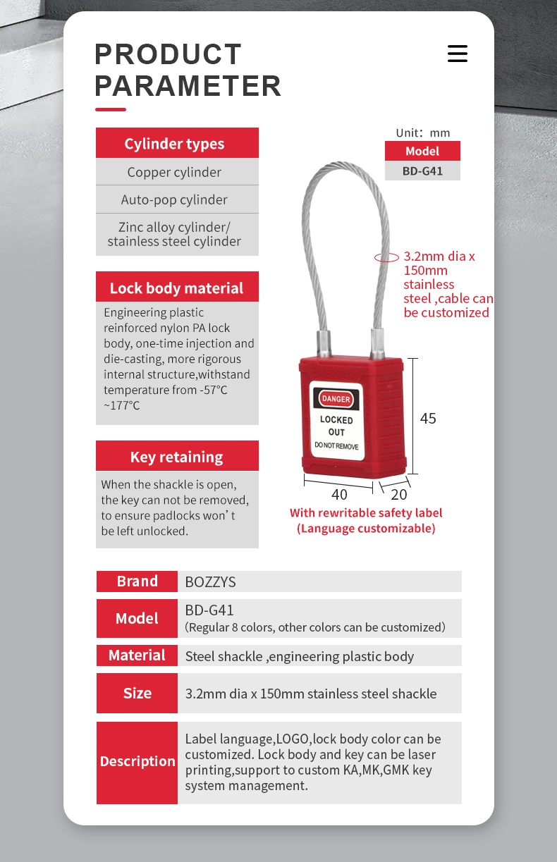 Boshi Loto Cable Industrial Safety Padlock with Master Key