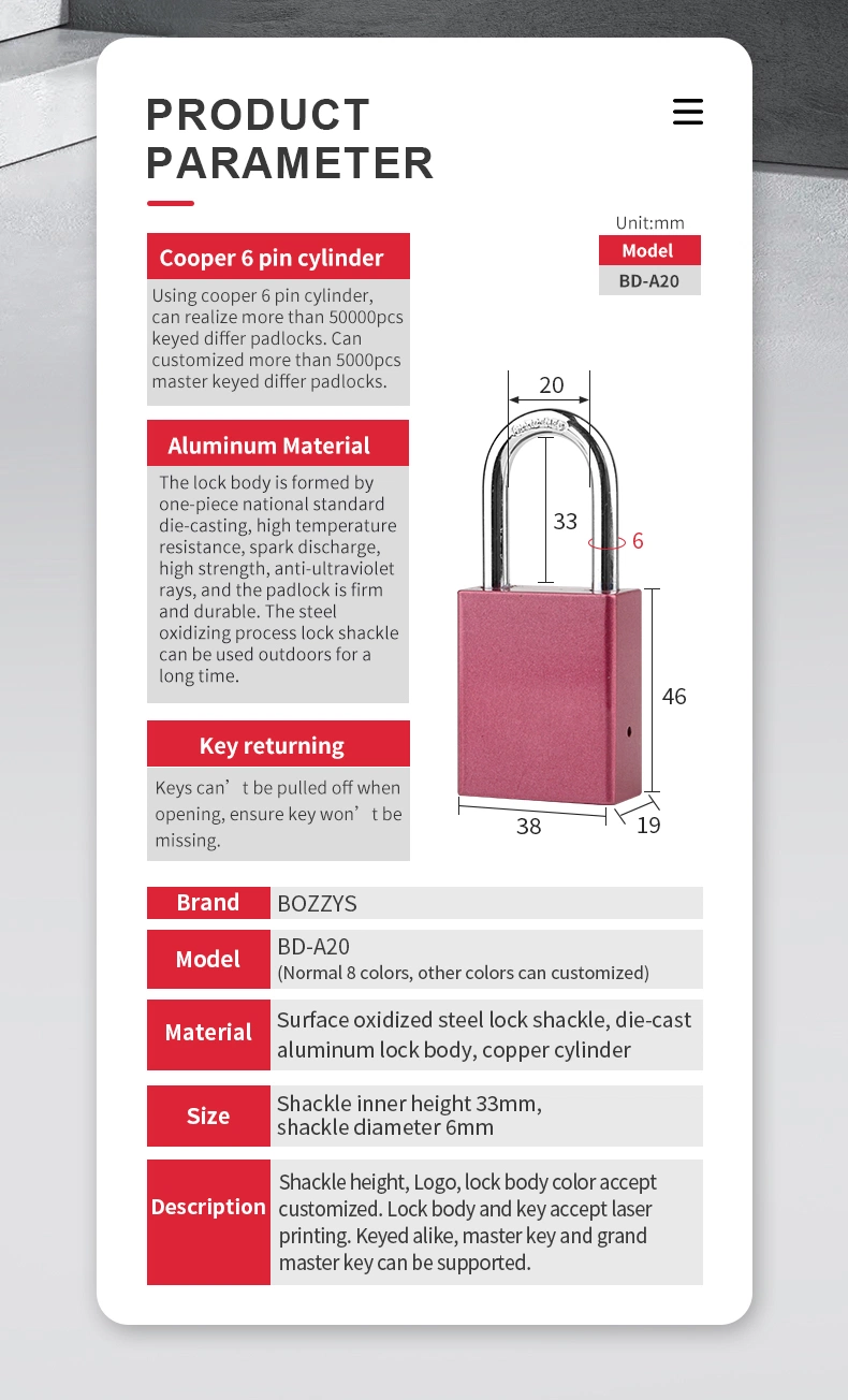 Compact Anodized Keyed Alike Aluminium Padlock with Key Retaining Function