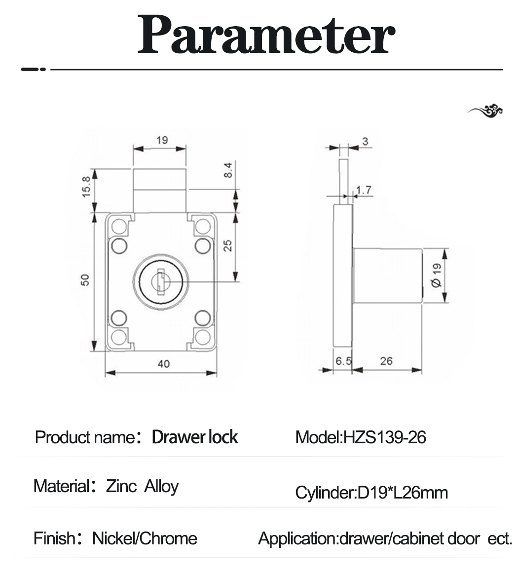 Nickel Plated Iron Material Drawer Locks with Two Plastic Keys