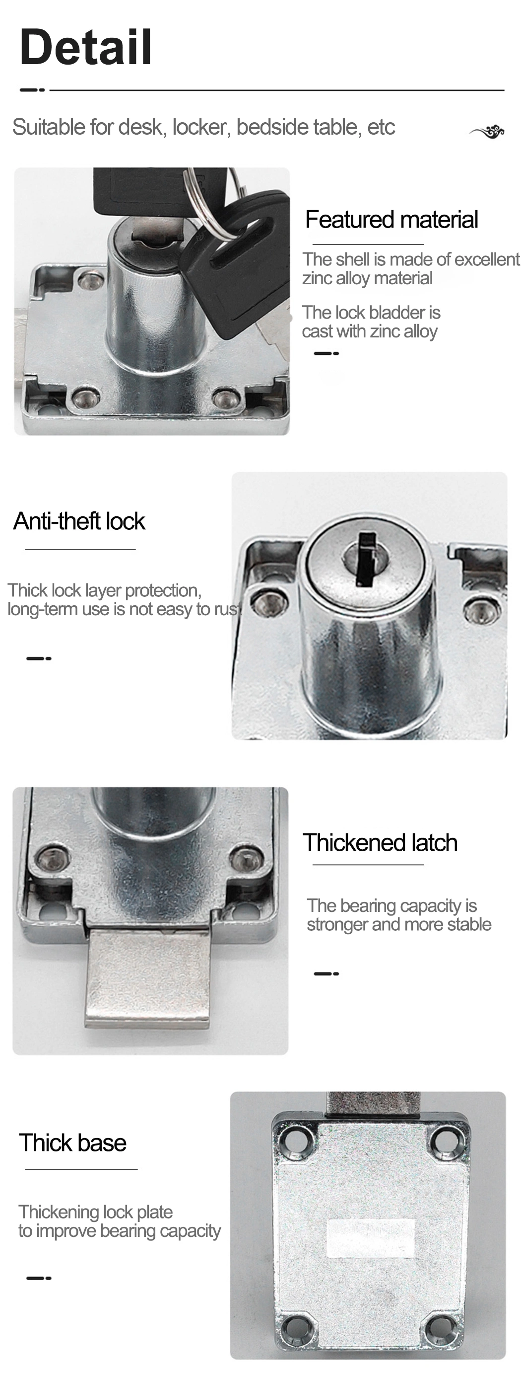 Nickel Plated Iron Material Drawer Locks with Two Plastic Keys