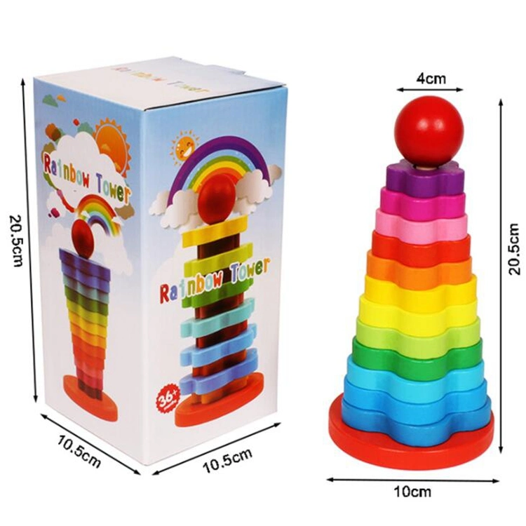 Montessori Educational Puzzle Toy Classic Stacking Building Blocks Handmade14PCS Wooden Rainbow Tower