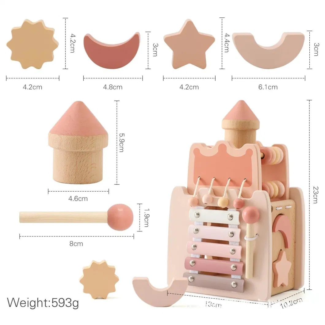 5 in 1 Montessori Wooden Pink Castle Blocks Activity Busy Cube