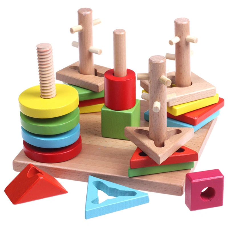 Montessori Educational Puzzle Toy Classic Stacking Building Blocks Handmade14PCS Wooden Rainbow Tower