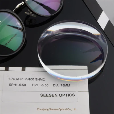 Thinnest Eyeglass Lenses High Power Spectacle 1.74 High Index Lens Asp UV400 Super Hydrophobic Shmc Prescription Rx Lens