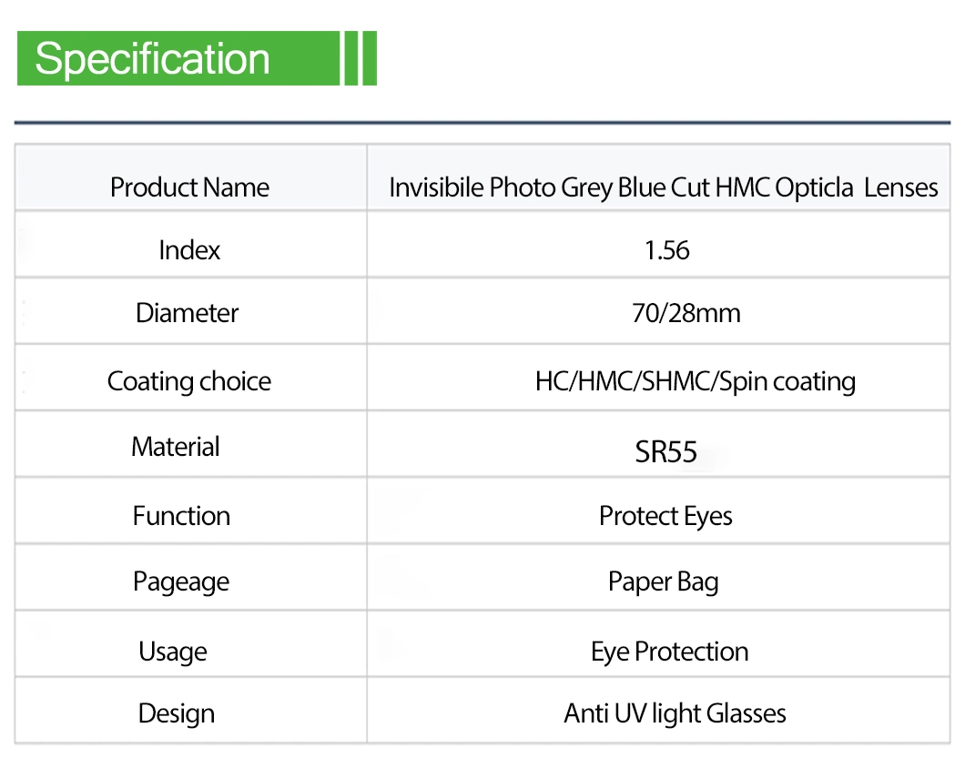 1.56 Bifocal Invisible Blue Block Photo Grey Hmc Optical Lenses 70/28mm