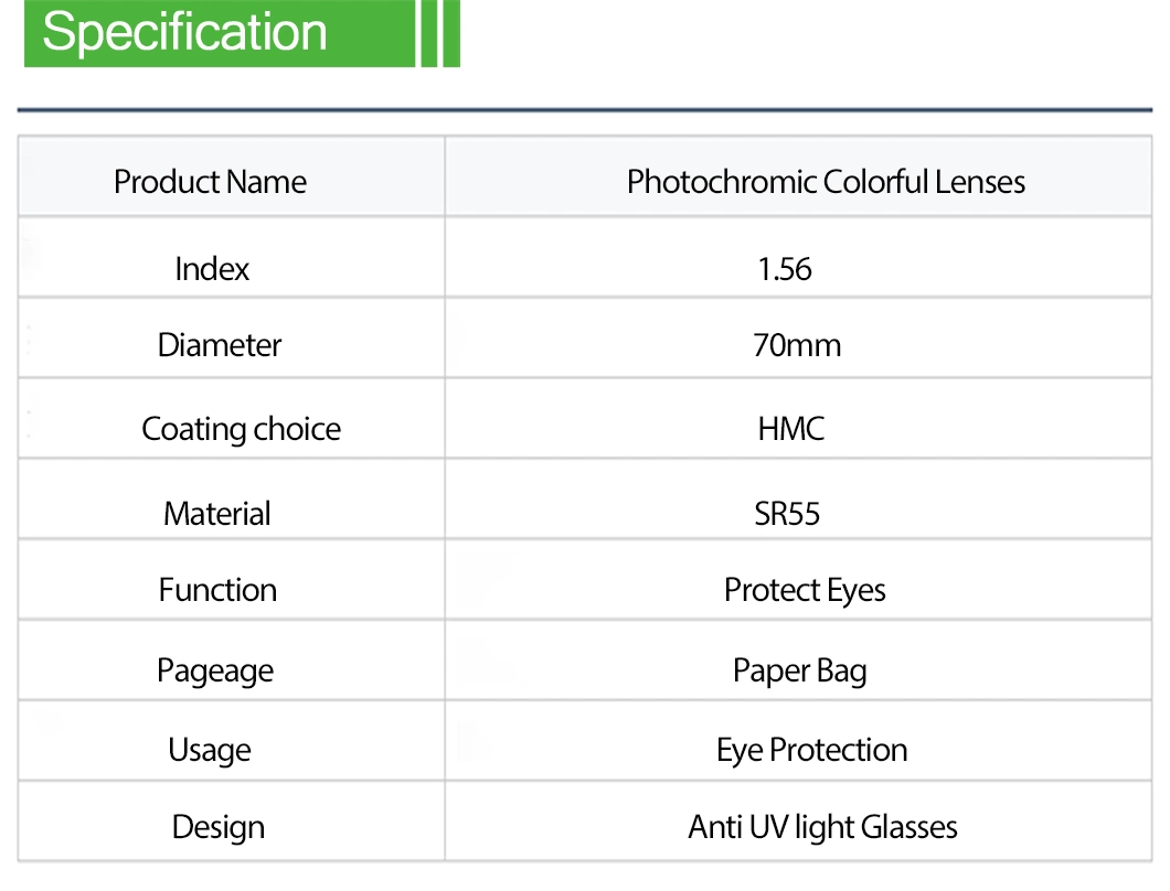 1.56 Photochromic Green Hmc Eyeglasses Optical Lens China Manufacture