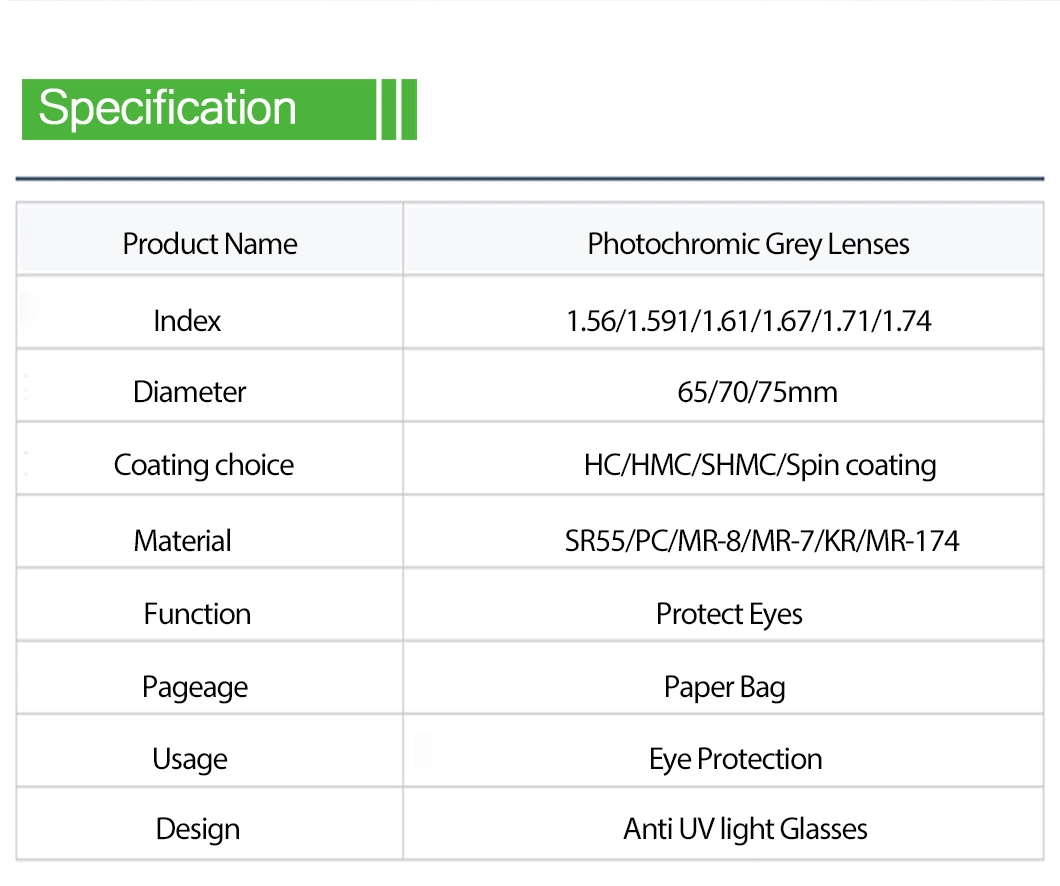 1.56 Photochromic Grey Hmc Optical Lenses Driving Lens