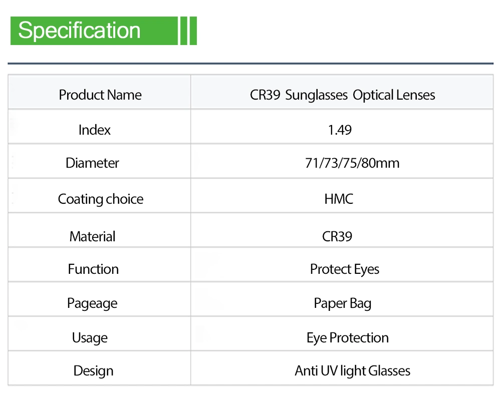 Spectacles Lens 1.49 Cr39 Sunglasses Hmc Optical Lenses 71*1.8/2.0*4c/5c/8c