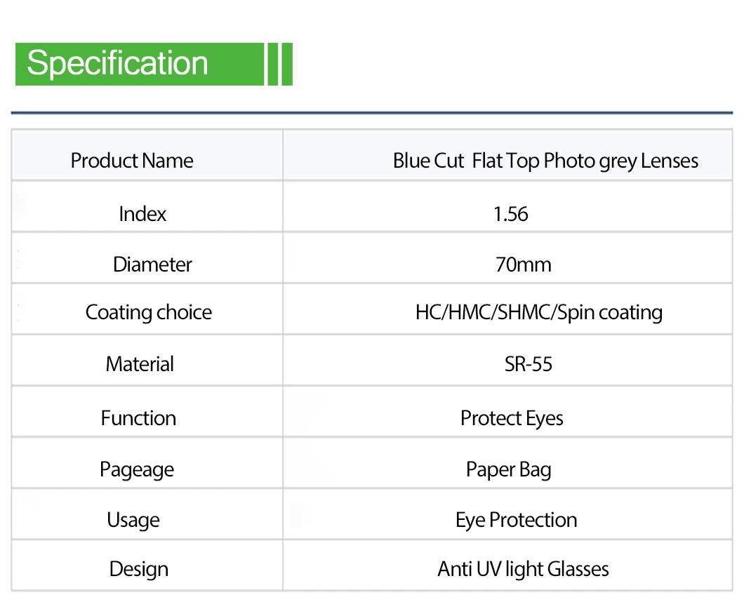 1.56 Bifocal Flat Top Photo Grey Blue Block Hmc Optical Lenses China Manufacture