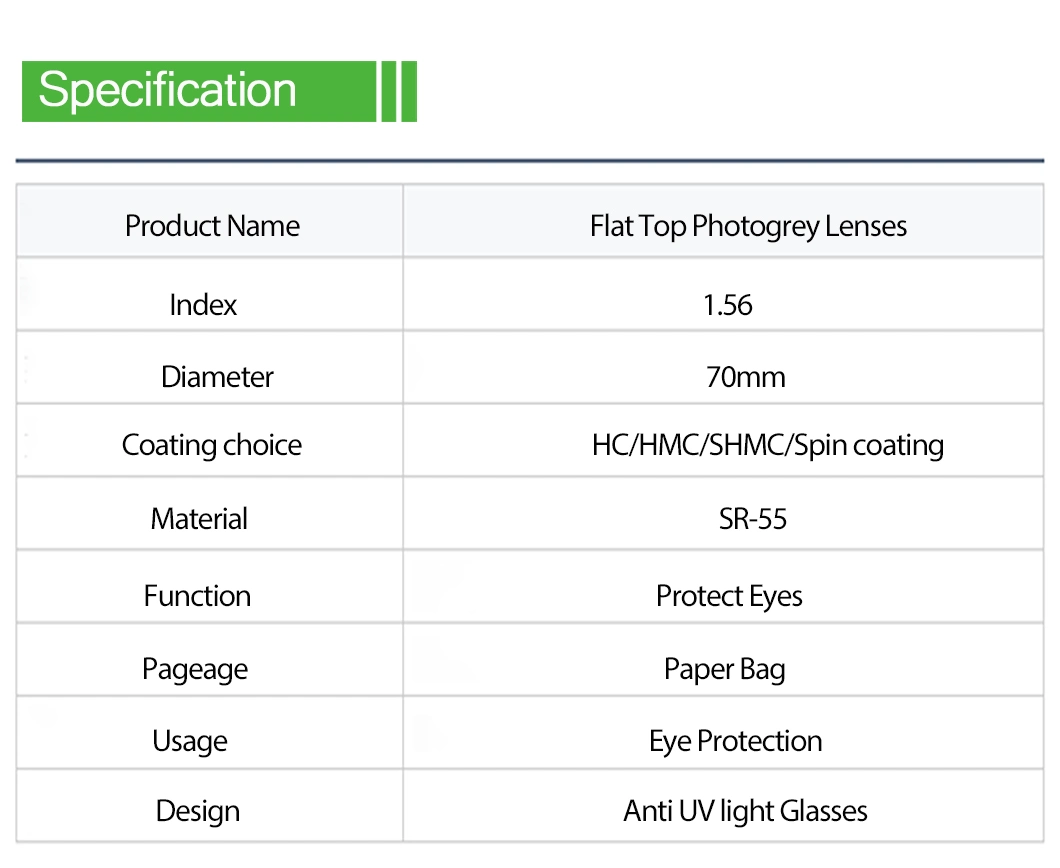 Middle Index 1.56 Bifocal Flat Top Photochromic Grey Optical Lenses