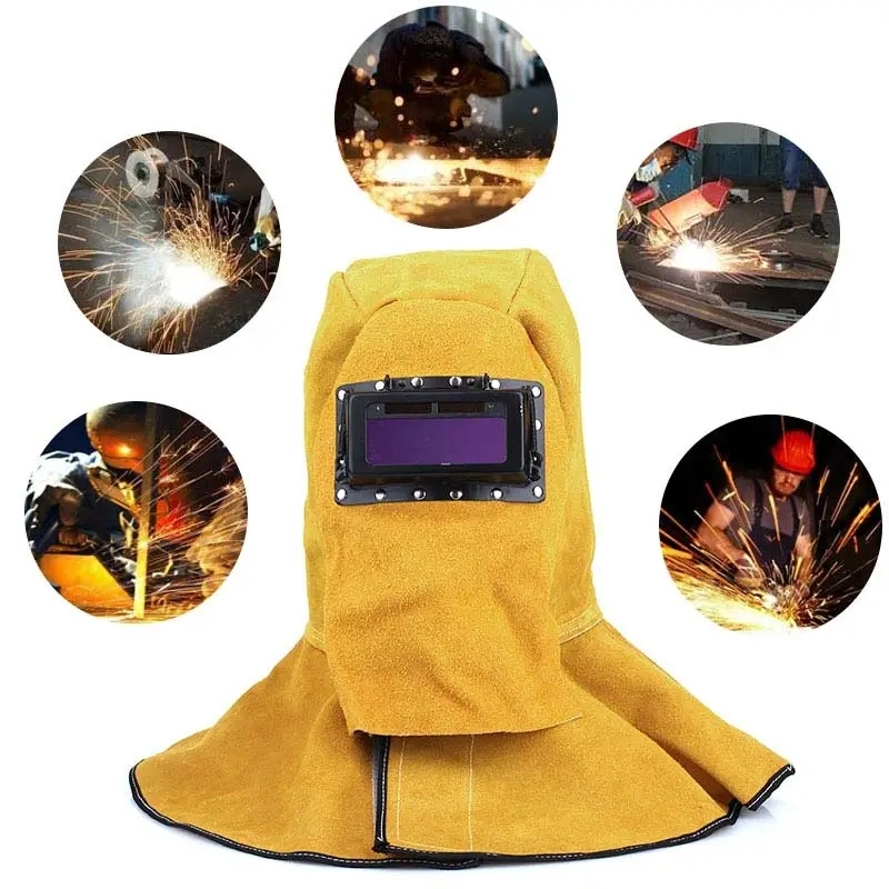 Cowhide Leather Welder Hood Welding Helmet Protective Gear Mask Work Cap, Solar Auto Darkening Filter Lens