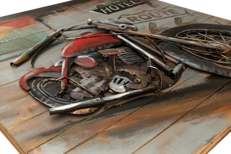 Vancy Arts 3D Metal Wall Art on Wood Route 66 Motorcycle Wall Art Metal Home Decor Original Hand Crafted Oil Painted Masterpiece