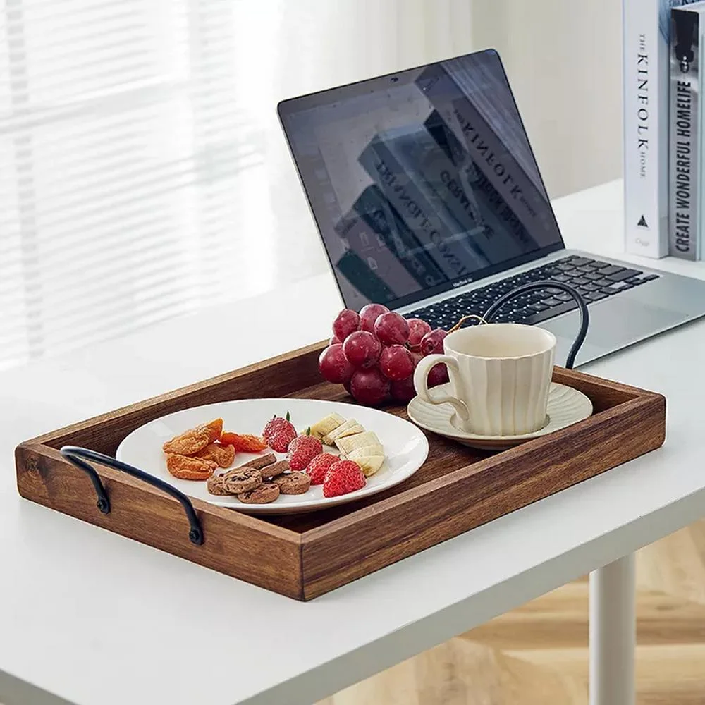 Custom Acacia Wooden Serving Tray with Metal Handles for Breakfast Cake Coffee Food