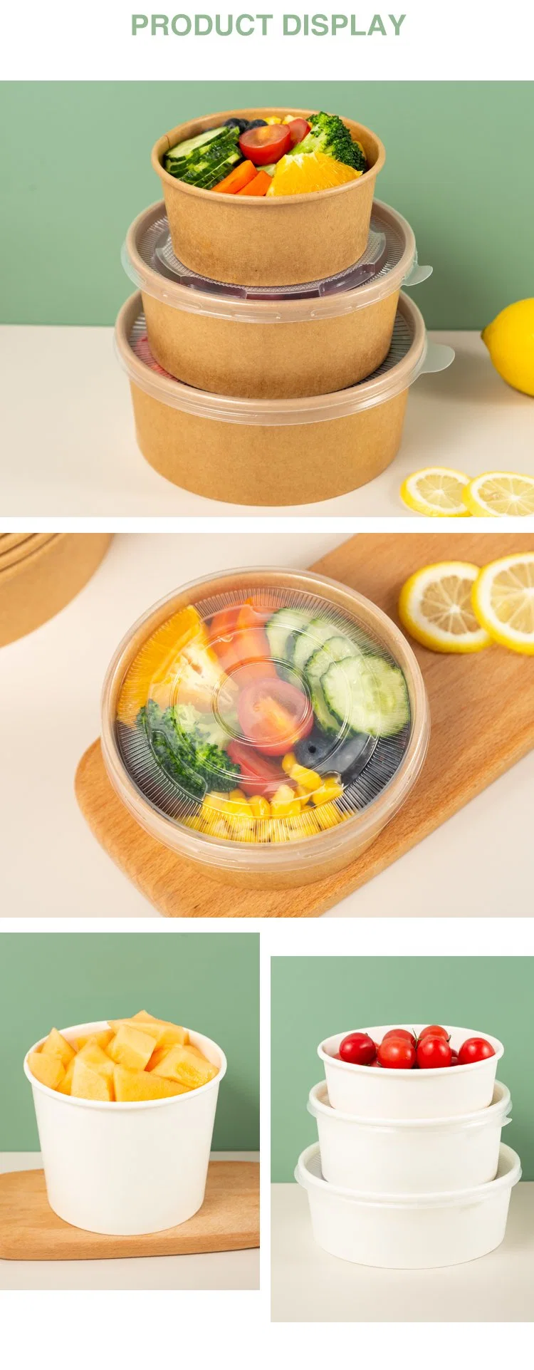 1300ml Disposable Custom Round Kraft Paper Fruit Salad Bowl Biodegradable Takeaway Noodle Fast Food Container Paper Bowl with Lid