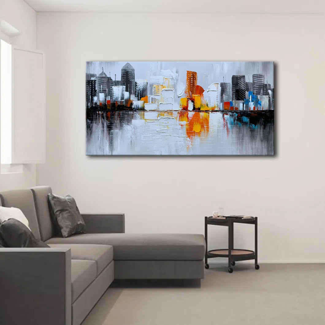 Hand Painted Textured City Oil Painting 3D Cityscape Abstract Wall Art with Thick Oil Paint