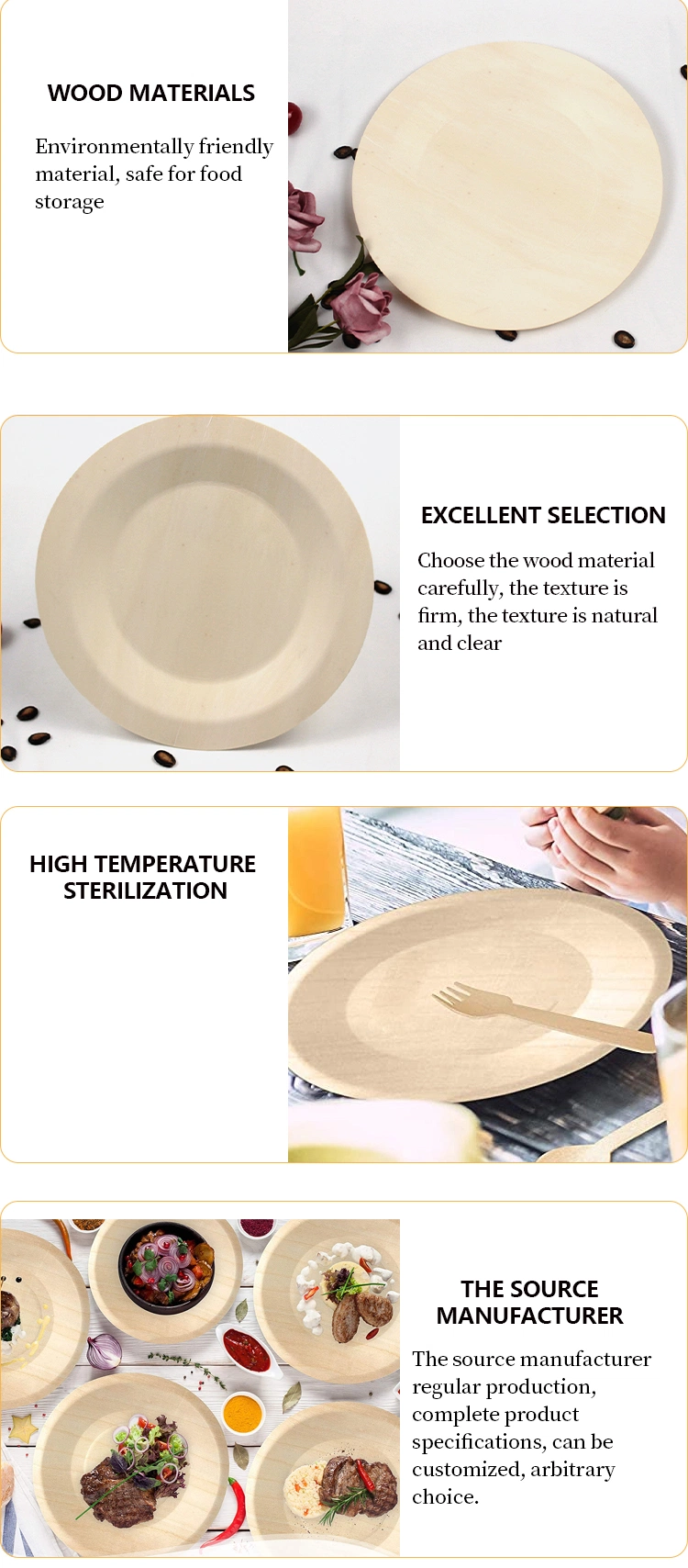 Biodegradable Eco-Friendly Round Restaurant Dinner Disposable Wood Plates