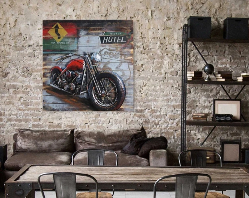 Vancy Arts 3D Metal Wall Art on Wood Route 66 Motorcycle Wall Art Metal Home Decor Original Hand Crafted Oil Painted Masterpiece