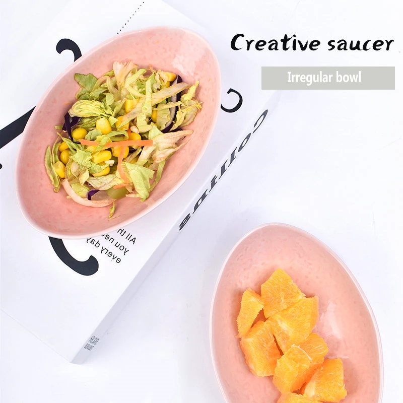 Porcelain Pink 1290 Degree High Temperature Oval Irregular Salad Snack Cold Dishes Fruit Deep Bowl