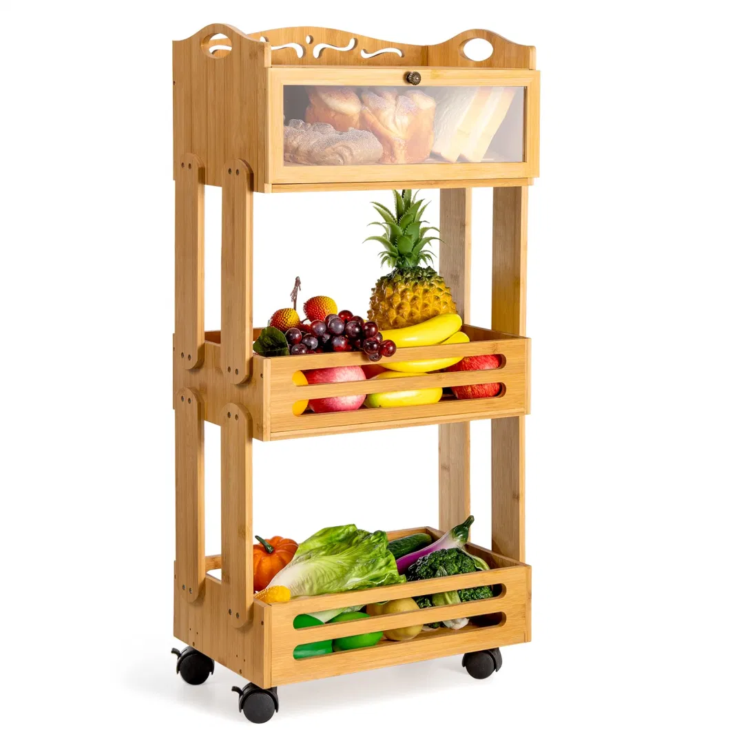 Bamboo Fruit Basket Stand with Large Bread Box for Kitchen, 2 Tier Farmhouse Fruit Stand Food Storage Containers with Wheels, Perfect for Bread, Fruit, Vegetabl