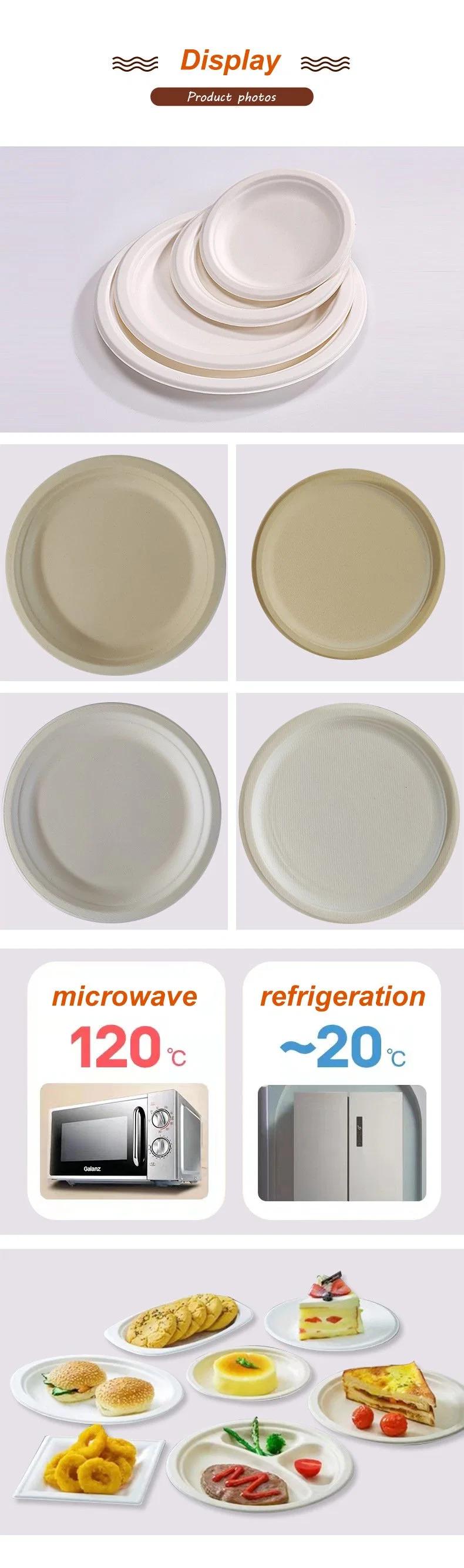 Free Sample Sugarcane Bagasse Plate for Food White or Natural Disposable Party Paper Plates