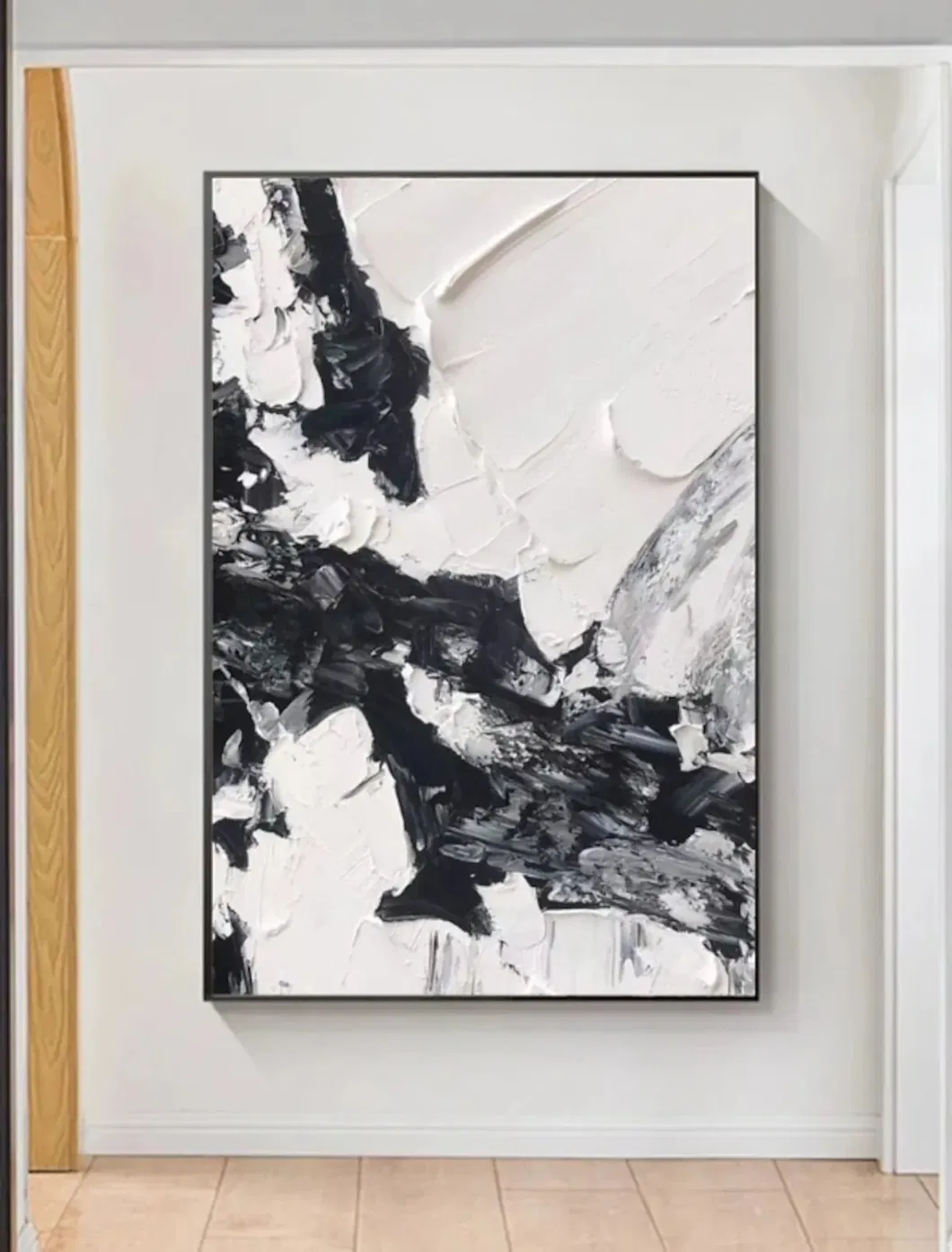 Handmade Black and White Heavy Textured Abstract Oil Painting on Canvas 3D Wall Art