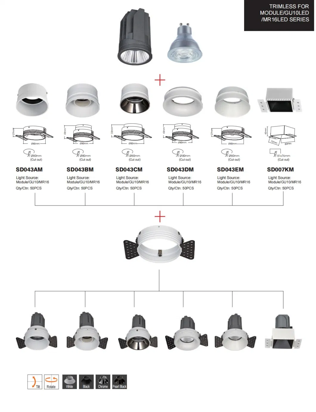 GU10 MR16 SD043am Round Recessed Trimless Frame for LED Downlight Spot Light