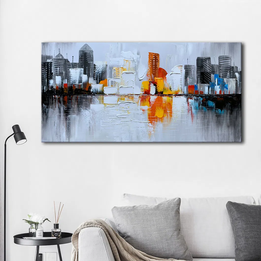 Hand Painted Textured City Oil Painting 3D Cityscape Abstract Wall Art with Thick Oil Paint