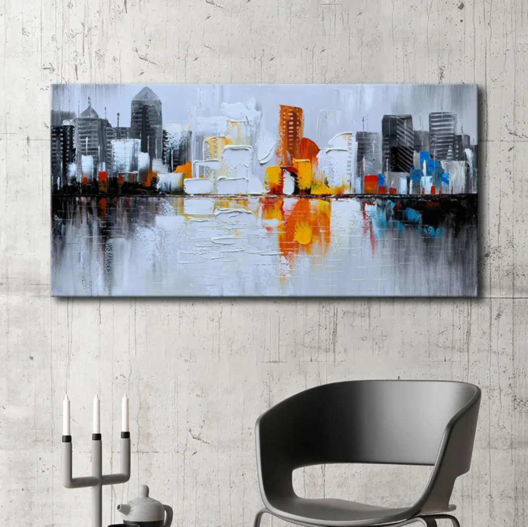 Hand Painted Textured City Oil Painting 3D Cityscape Abstract Wall Art with Thick Oil Paint