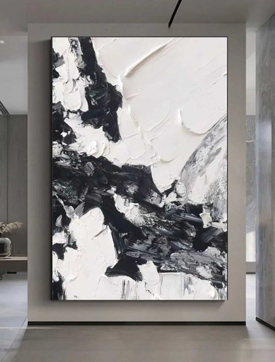 Handmade Black and White Heavy Textured Abstract Oil Painting on Canvas 3D Wall Art