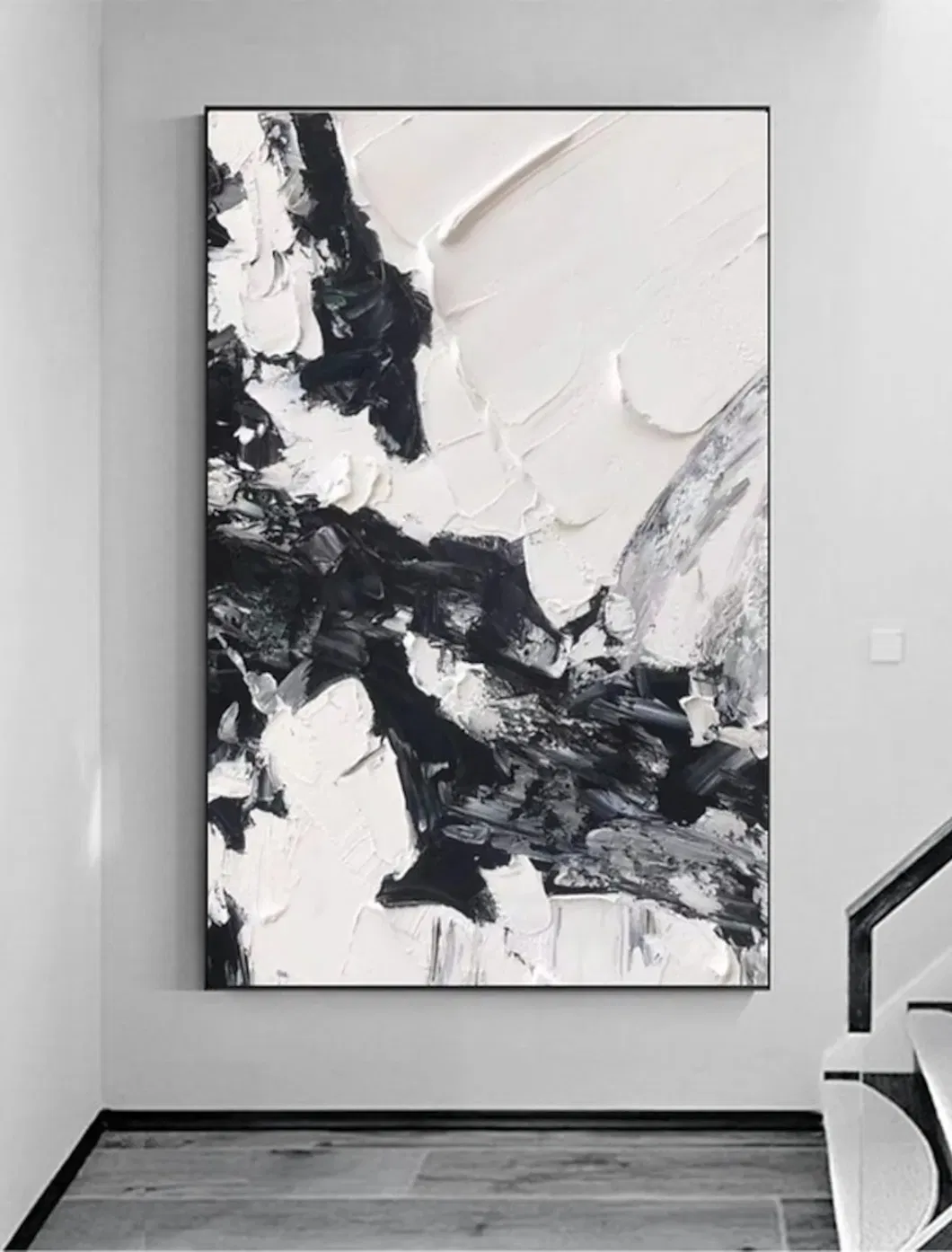 Handmade Black and White Heavy Textured Abstract Oil Painting on Canvas 3D Wall Art