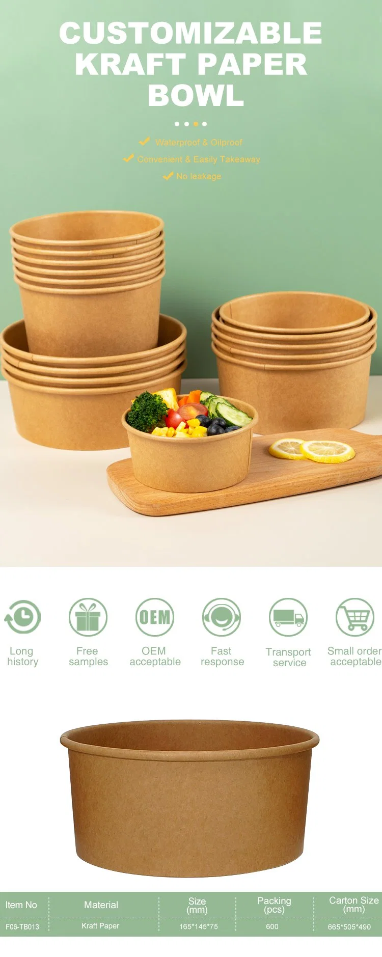 1300ml Disposable Custom Round Kraft Paper Fruit Salad Bowl Biodegradable Takeaway Noodle Fast Food Container Paper Bowl with Lid