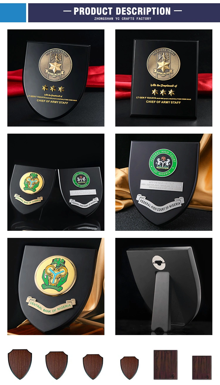 Yc Gift Factory Custom Company Metal Logo Medal Award German Police Government Department Souvenir Wooden Shield Plaque