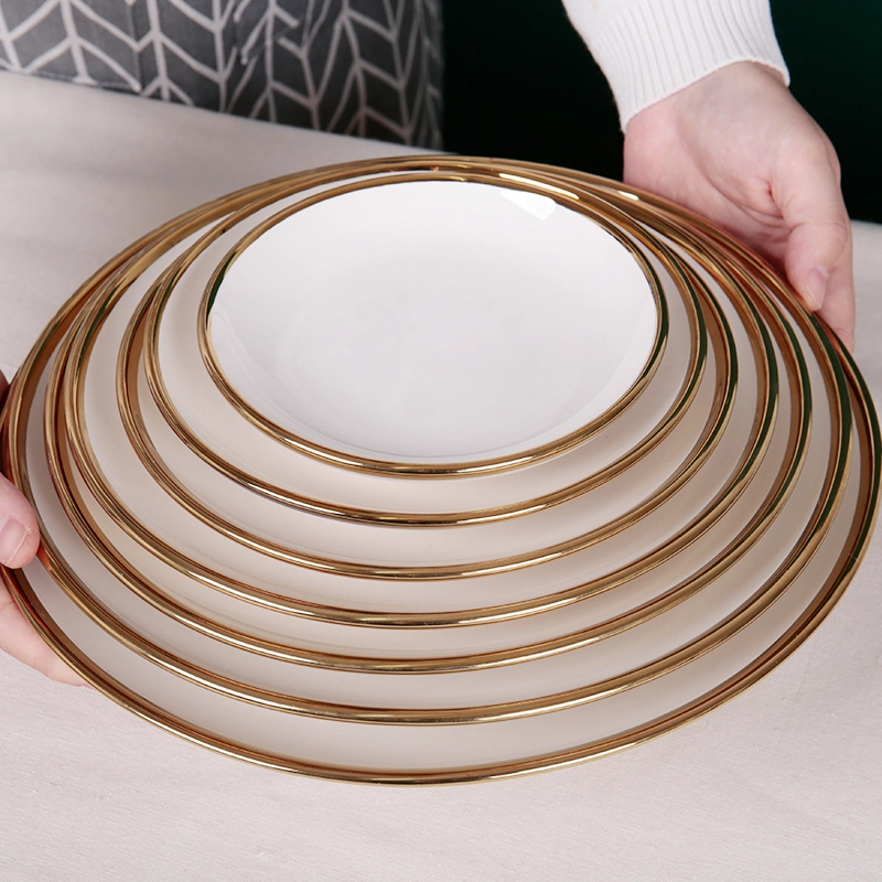 Free Sample Multi Size Dinner Ceramic White Plate with Gold Rim