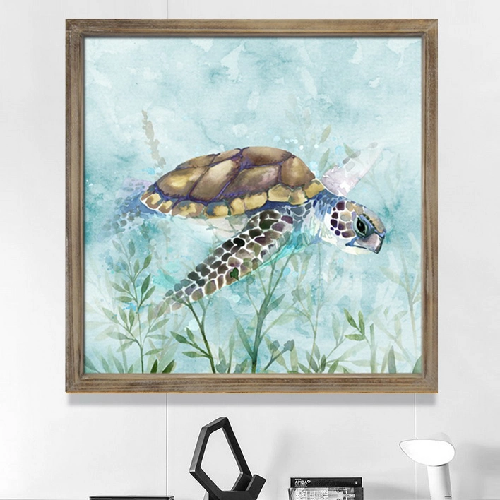 Rustic Framed Wall Art Sea Turtle Picture Solid Wood Frame UV Print Wood Wall Plaque for Toilet Restroom