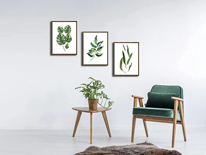 Wholesale Minimalist Natural Greet Plant Wall Art 3 Panels Floating Frame Waterproof Canvas Painting Living Room Bathroom Dining Room Decor