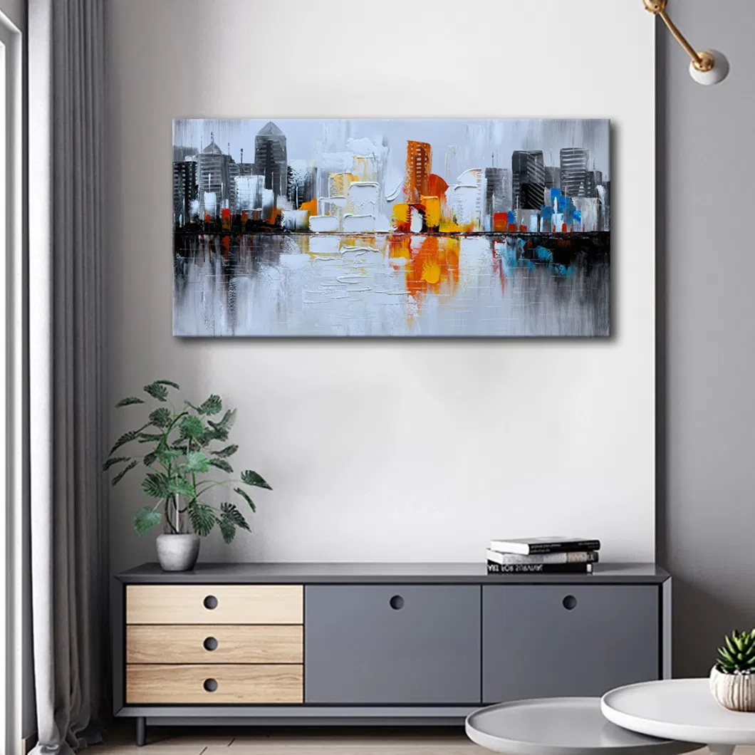 Hand Painted Textured City Oil Painting 3D Cityscape Abstract Wall Art with Thick Oil Paint