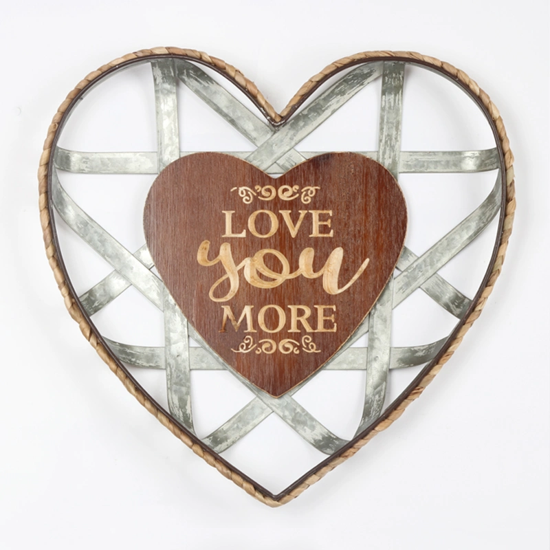 Solid Wood Wall Haning in Heart Shape Design with Laser Cutting Metal and Rope Decor, Metal with Galvanized Wall Plaque