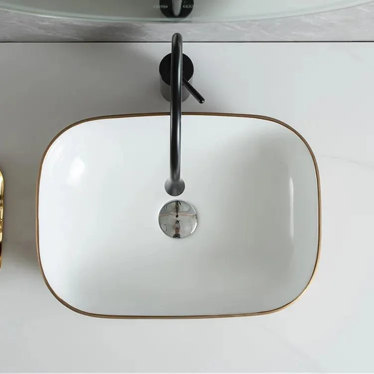 Luxury Sanitary Ware Table Top White Decorated Wash Gold Washbasin Art Bathroom Sink Ceramic Golden Basin