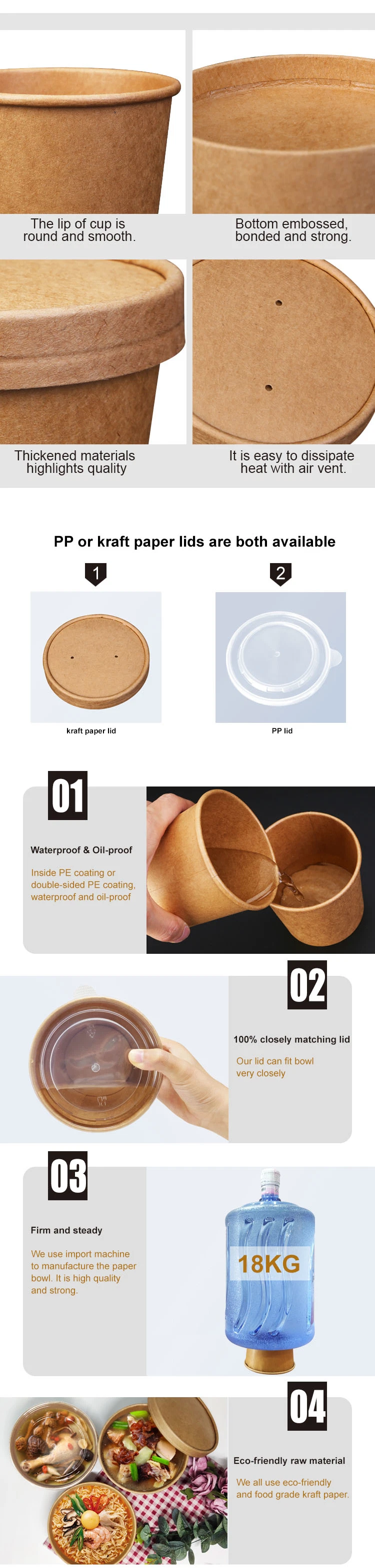 1300ml Disposable Custom Round Kraft Paper Fruit Salad Bowl Biodegradable Takeaway Noodle Fast Food Container Paper Bowl with Lid