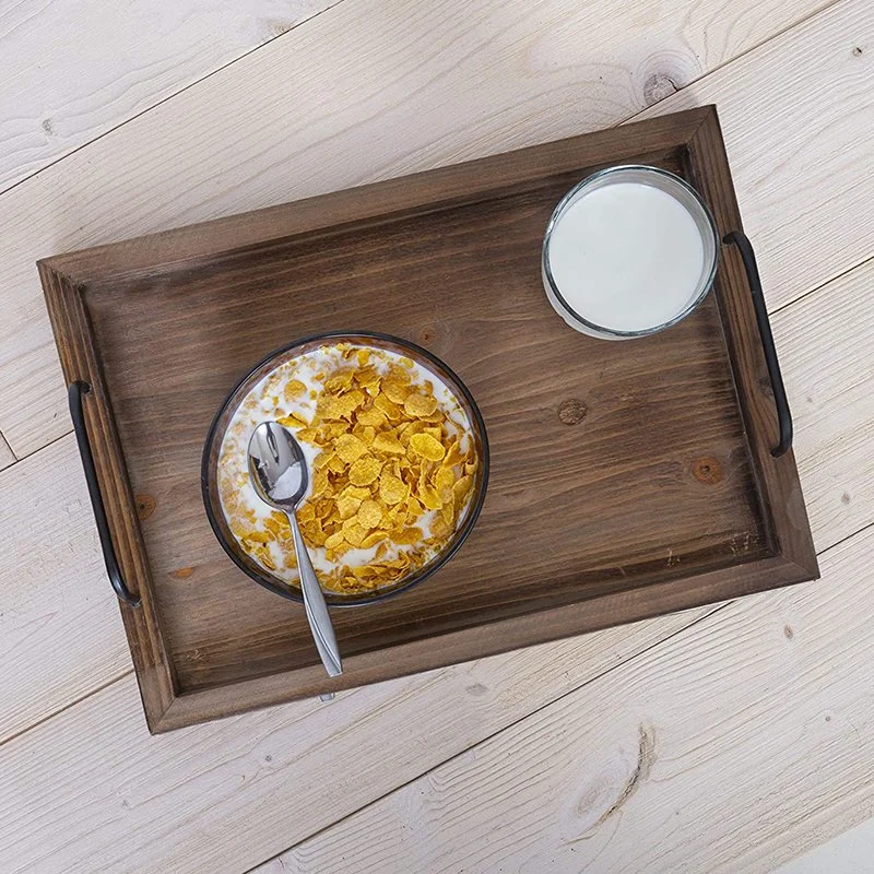 Wooden/Wood Archaistic Rustic Serving Tray with Metal Handles for Tea/Coffee/Cakes/Drinks/Breakfast