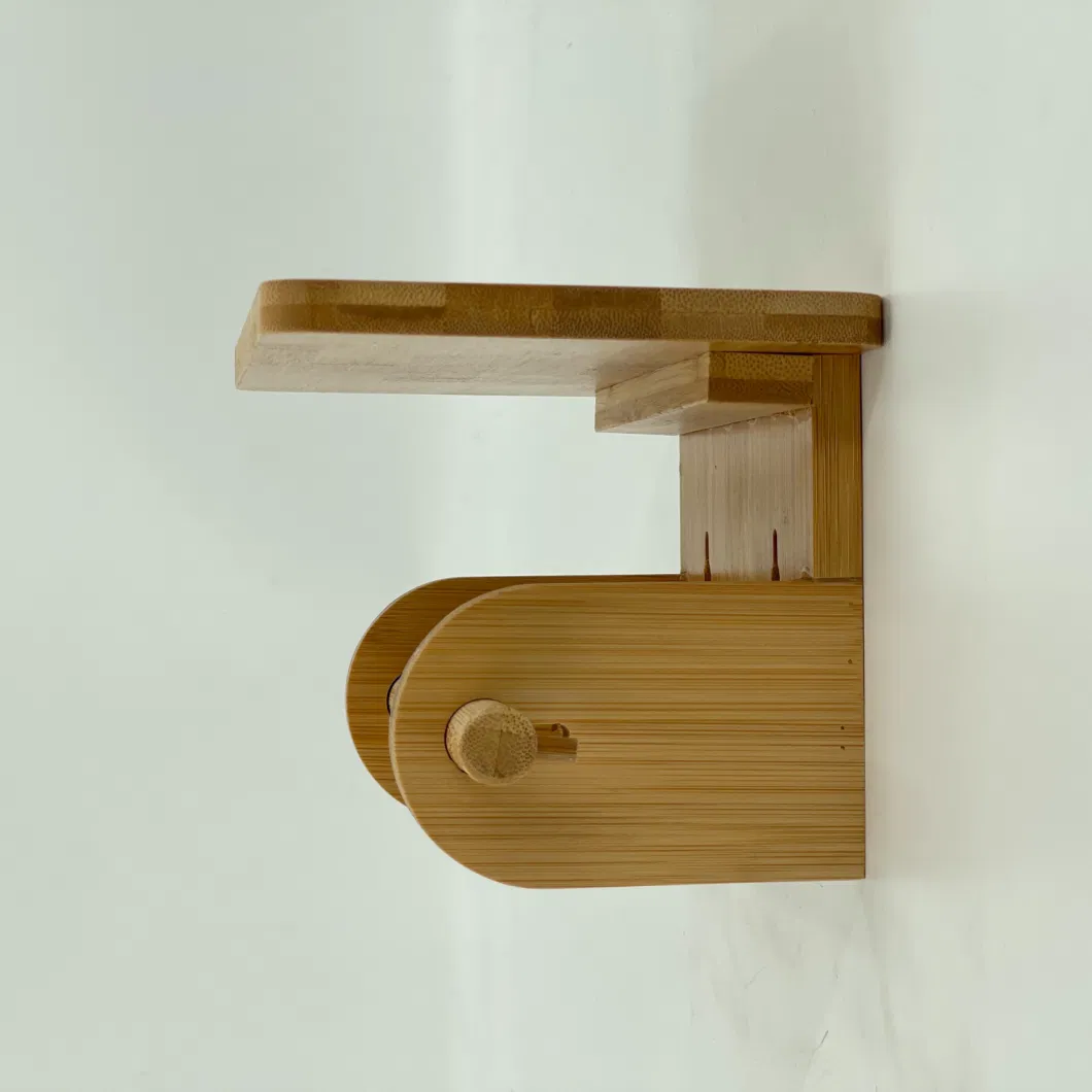 Bamboo Bathroom Toilet Tissue Paper Roll Holder with Shelf Wall Mounted