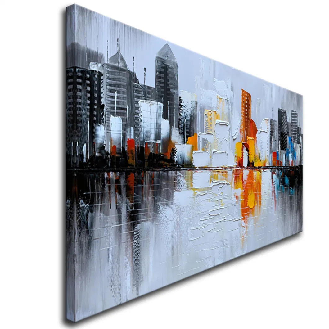 Hand Painted Textured City Oil Painting 3D Cityscape Abstract Wall Art with Thick Oil Paint