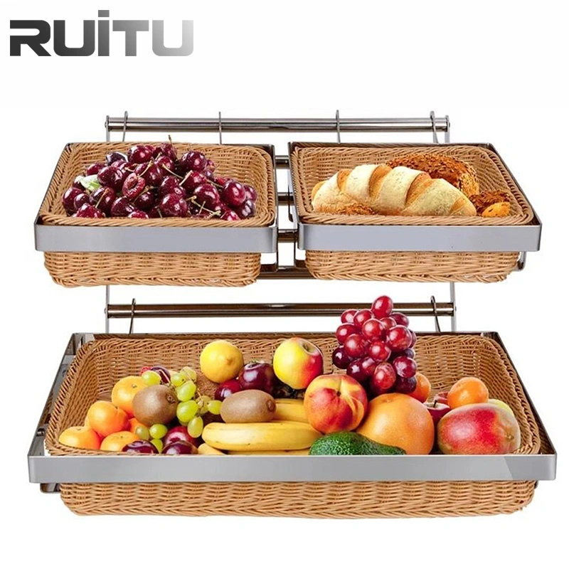 Hotel and Restaurant Supply Luxury Wall Mounted Stackable Folding Metal 2 Tier Stainless Steel Rattan Woven Food Fruit Serving Storage Bread Basket