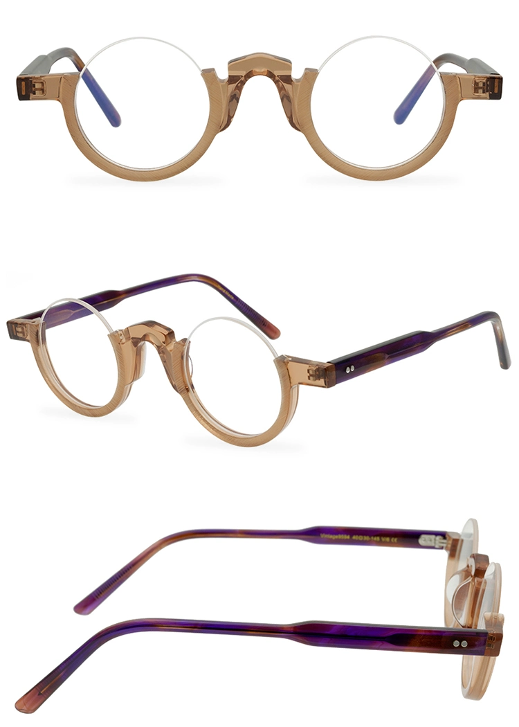 Retro Round Eyeglasses Semi-Frames Fashion Trend Acetate Half Frame Optical Glasses Frame Ladies Small Circular