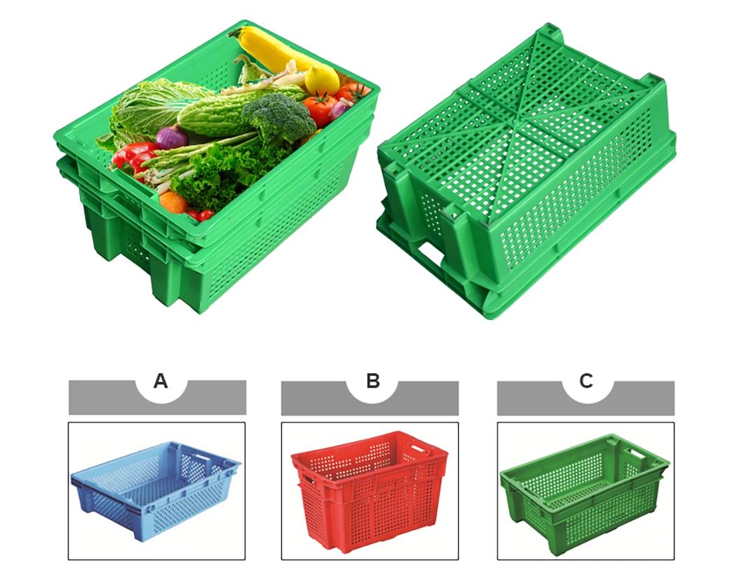 600X400X250mm Custom Transport Plastic Flat Noodles Fruit Basket Stackable Nested Fruit Container Mesh Vegetable Storage Flat Noodles