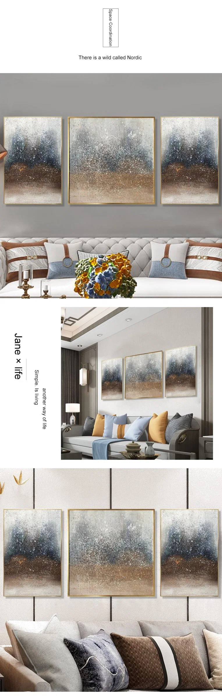 Nordic Decoration Painting Living Room Sofa Background Wall Triptych Hanging Pictures Abstract Art Beach Oil Painting