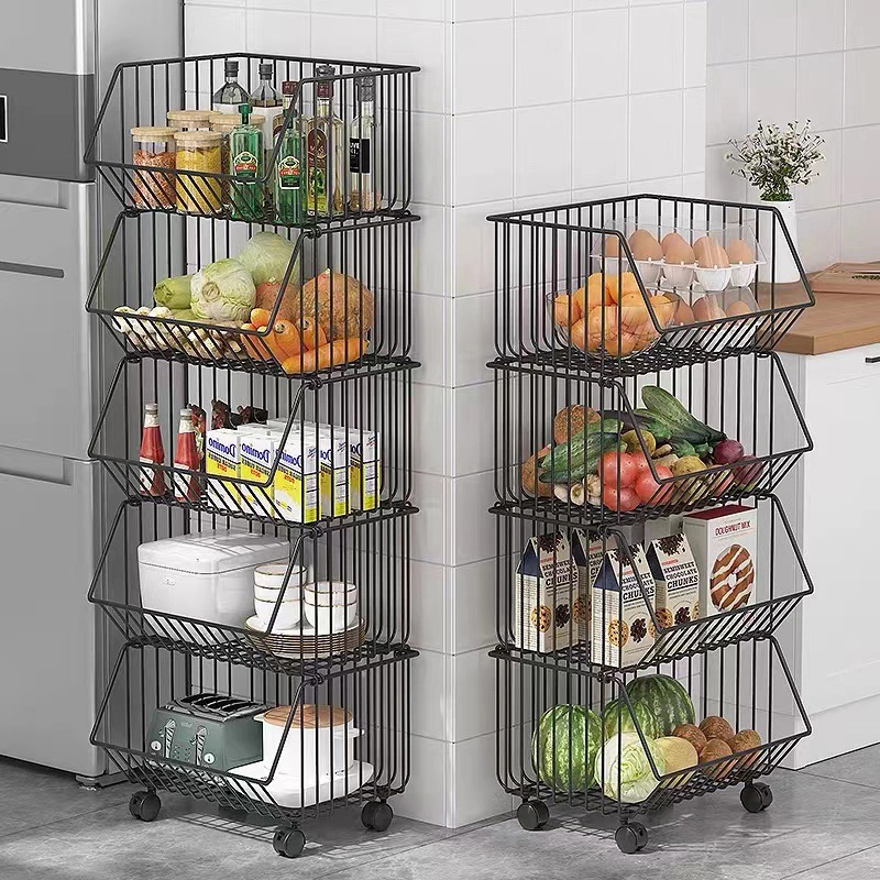 1/2/3/4/5 Layers Mobile Rotating Storage Rack Vegetable and Fruit Carbon Steel Kitchen Trolley Storage Vegetable Basket